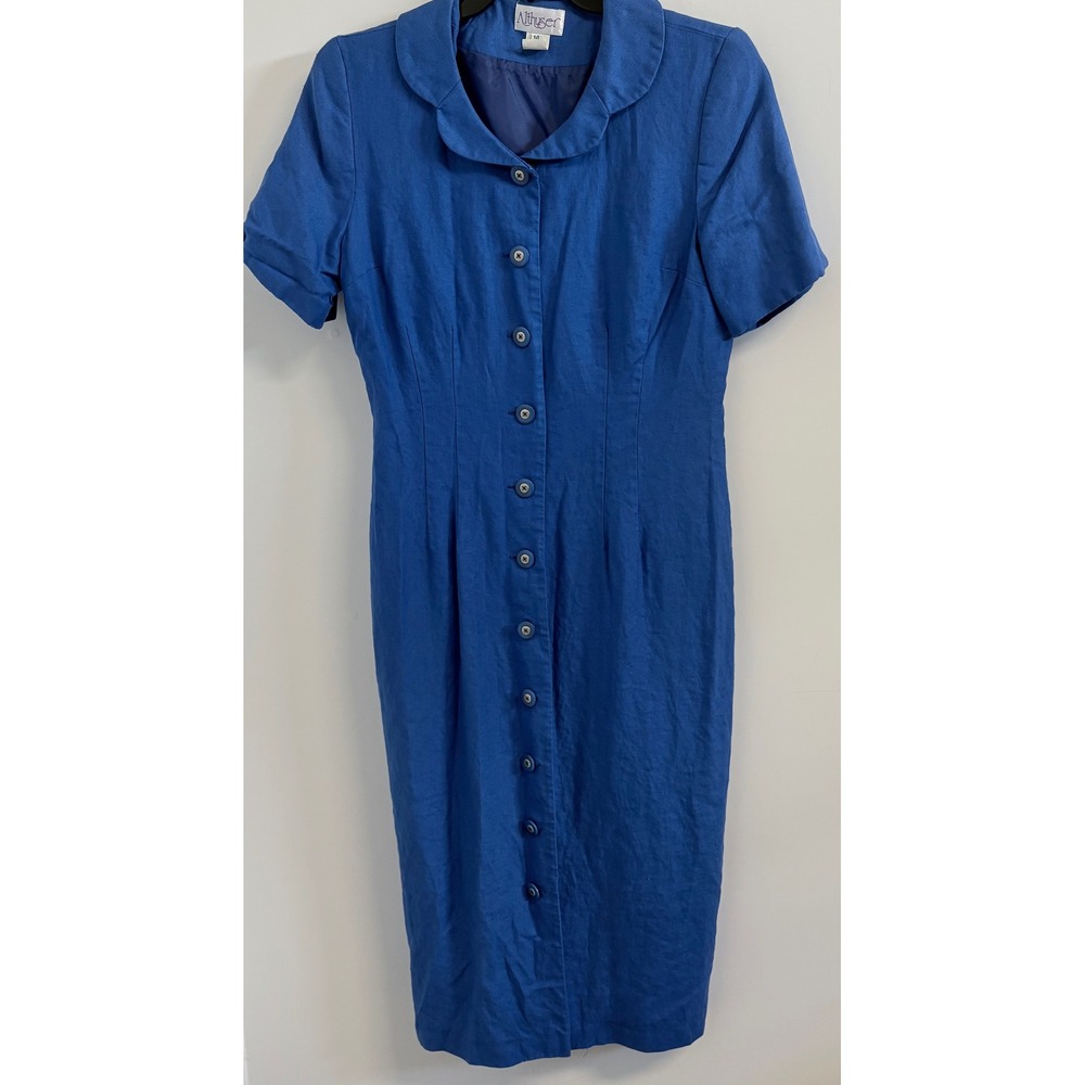Vintage Althuser Blue 100% Linen Button Front Midi Dress Sheath Made in USA 14